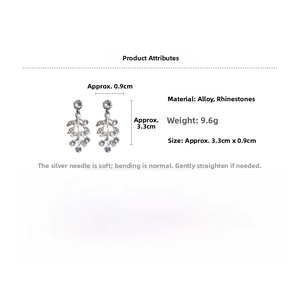 Detail view of silver leaf drop earrings with rhinestone pave and 3.3cm size specs