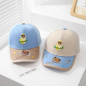 Detail of kids mesh baseball cap with 3D astronaut bear patch and breathable back
