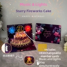 Detail of 3D pop-up birthday card with LED lights and musical three-tier cake