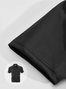 Detail of the double-stitched sleeve cuff on a black functional mesh polo shirt for men