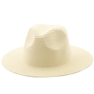 Close-up of the intricate straw weaving and wide brim texture of this summer fedora hat