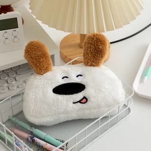 Cute white plush dog pencil case with large capacity and fluffy brown long ears for desk storage