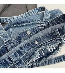 Détail du sac en jean montrant le bouton pression métallique et la broderie frangée