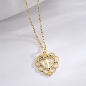 Elegant 18K gold plated heart necklace with colorful zircon cross pendant for women