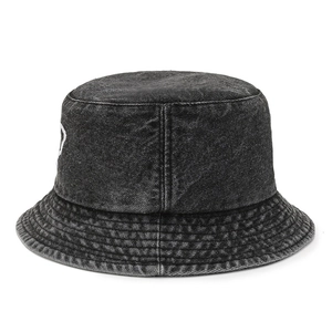 Faded dark grey denim bucket hat with heart embroidery and stylish washed texture