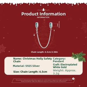 Detail of S925 silver Christmas holly safety chain with green and pink enamel