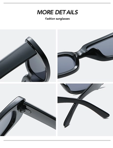 Detailed views showing square frames, nose pads, and temple hinges of black fashion sunglasses