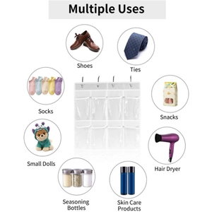 Detail showing 8 storage compartments for shoes, socks, and accessories in a hanging organizer