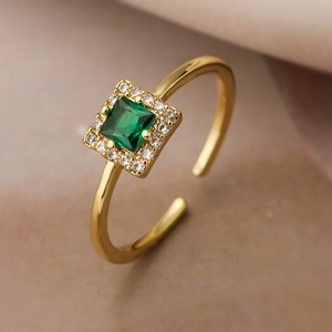 Gold-plated square green zircon ring with small diamonds and adjustable open band
