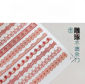 Detailed view of red lace nail stickers featuring intricate floral and heart patterns