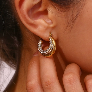 Irregular retro gold plated C-shape hoop earrings with pave cubic zirconia for women