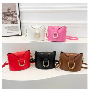 Five colors of mini crossbody bucket bags with D-ring buckles on white display stand