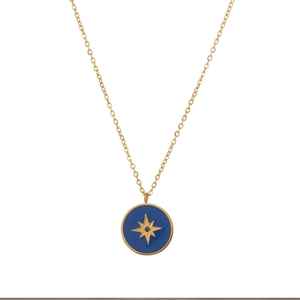 Blue enamel compass star pendant necklace in 18K gold plated titanium steel for women