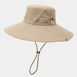 Detail of khaki wide-brim sun hat with ventilation holes and adjustable chin strap