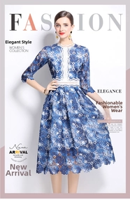 Detail of blue lace midi dress with white crochet lace patchwork on waist and neckline