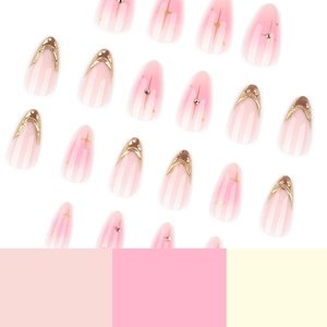 Almond shaped press on nails with pink ombre, gold foil French tips and star accents