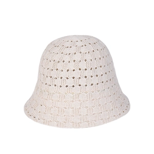 Breathable beige knitted bucket hat with hollow crochet pattern and foldable design