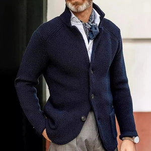 Men's navy blue waffle knit cardigan with lapel collar and single-breasted buttons