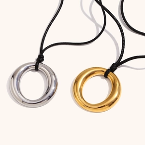Round Ring Pendant Necklace Stainless Steel Black Cord Minimalist Geometric Jewelry For Women Retro Versatile Accessory