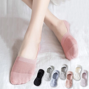 Detail of breathable mesh knit and non-slip silicone heel on multi-color low cut socks