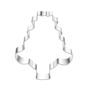 Close-up of stainless steel Christmas tree cookie cutter with polished metallic finish