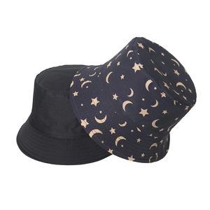 Detailed stitching and star moon pattern print on reversible cotton bucket hats