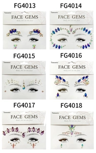 Detailed catalog showing six styles of crystal face gems for creative festival makeup looks