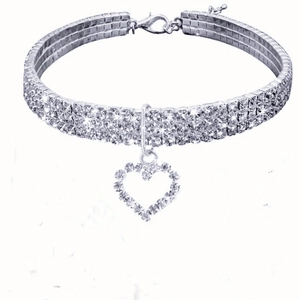 Elastic triple-row rhinestone pet collar with a sparkling heart pendant in silver