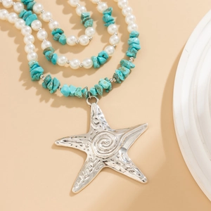 Detail of layered ocean necklace with starfish pendant, pearls and turquoise stones