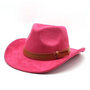 Detail of rose red suede western cowboy hat featuring brown leather belt with metal buckles