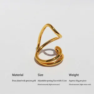 Abstract multi-layer wrap gold ring in minimalist geometric lines with open adjustable band