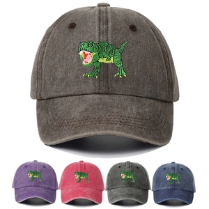 Washed Cotton Baseball Cap With Dinosaur Embroidery Vintage Adjustable Sun Hat Outdoor Casual Dad Hat For Women Men
