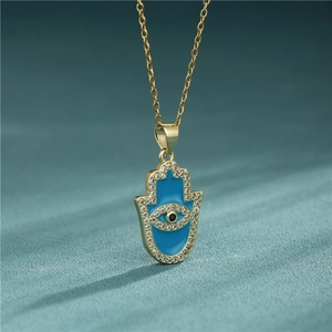 Hamsa Hand Evil Eye Pendant Necklace 18K Gold Plated Stainless Steel Blue Enamel Zircon Amulet Jewelry For Women