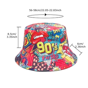 Retro 90er Graffiti Fischerhut mit buntem Lippenprint und doppelseitigem Design
