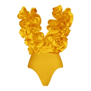 Detail of golden swimsuit featuring voluminous ruffled shoulders and deep V-neckline