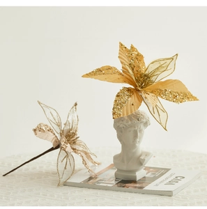 Close-up of 30cm champagne gold sequin poinsettia flower for Christmas tree decoration