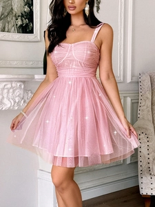 Elegant pink glitter mesh mini dress with spaghetti straps for formal evening parties