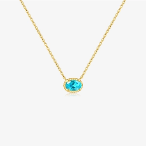 925 Sterling Silver Oval Blue Glass Stone Pendant Necklace Gold Plated Minimalist Geometric Fine Jewelry For Women Daily Dating