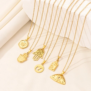 Golden stainless steel necklace collection with Evil Eye and Hamsa Hand pendants
