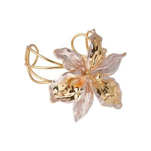 Artistic lily flower hollow open cuff bracelet with gold and white petal texture