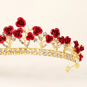 Baroque bridal crown with red roses, sparkling rhinestones and pearls on gold metal