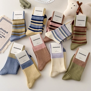 Calcetines De Media Caña Para Mujer Algodón Peinado Rayas Retro Bloques De Color Punto De Canalé Suave