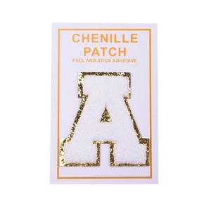 8cm Chenille letter A patch with gold glitter edge and peel and stick adhesive backing