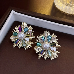Vintage French floral earrings with pearls and colorful crystals in golden starburst design