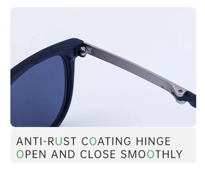 Detail of rust-proof metal hinge on foldable sunglasses for smooth opening and closing