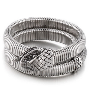 Double-wrap cobra snake bracelet in silver stainless steel with detailed scales
