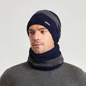 Winter knitted beanie and scarf set for men in navy blue and grey striped pattern