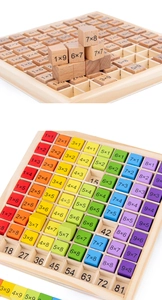 Macro detail of wooden multiplication table blocks in natural and colorful wood finishes