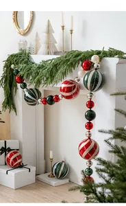 Festive 15cm painted Christmas ball garland with red and green ornaments on a mantel