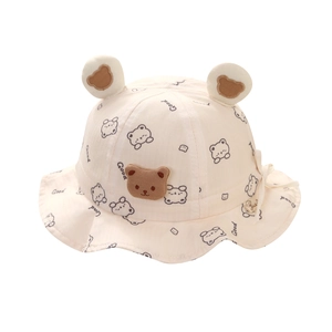 Cream white baby sun hat with 3D bear ears and all-over cute cartoon print
